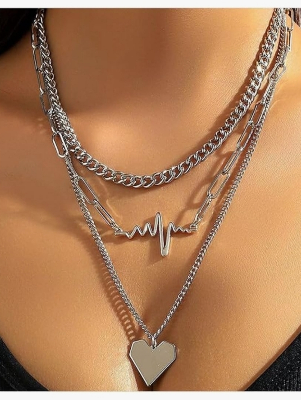 Chunky Silver Heart & Heartbeat Layered Necklace Set - Women Jewelry